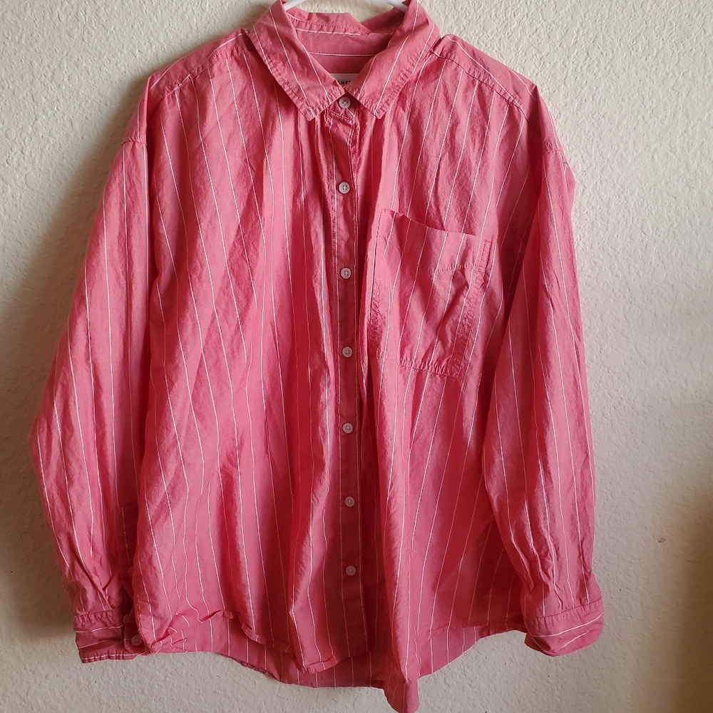 American Eagle Pink White Striped Long Sleeve Button Up Shirt Mens Medium   Good